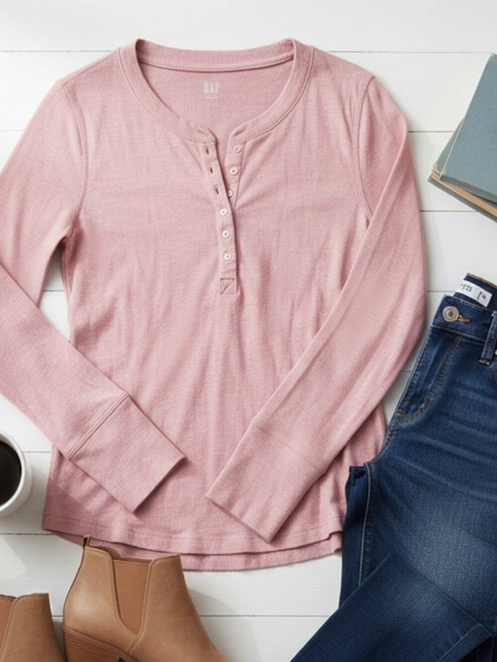 GAP Soft Knit Long Sleeve Henley | Dusty Rose | Large